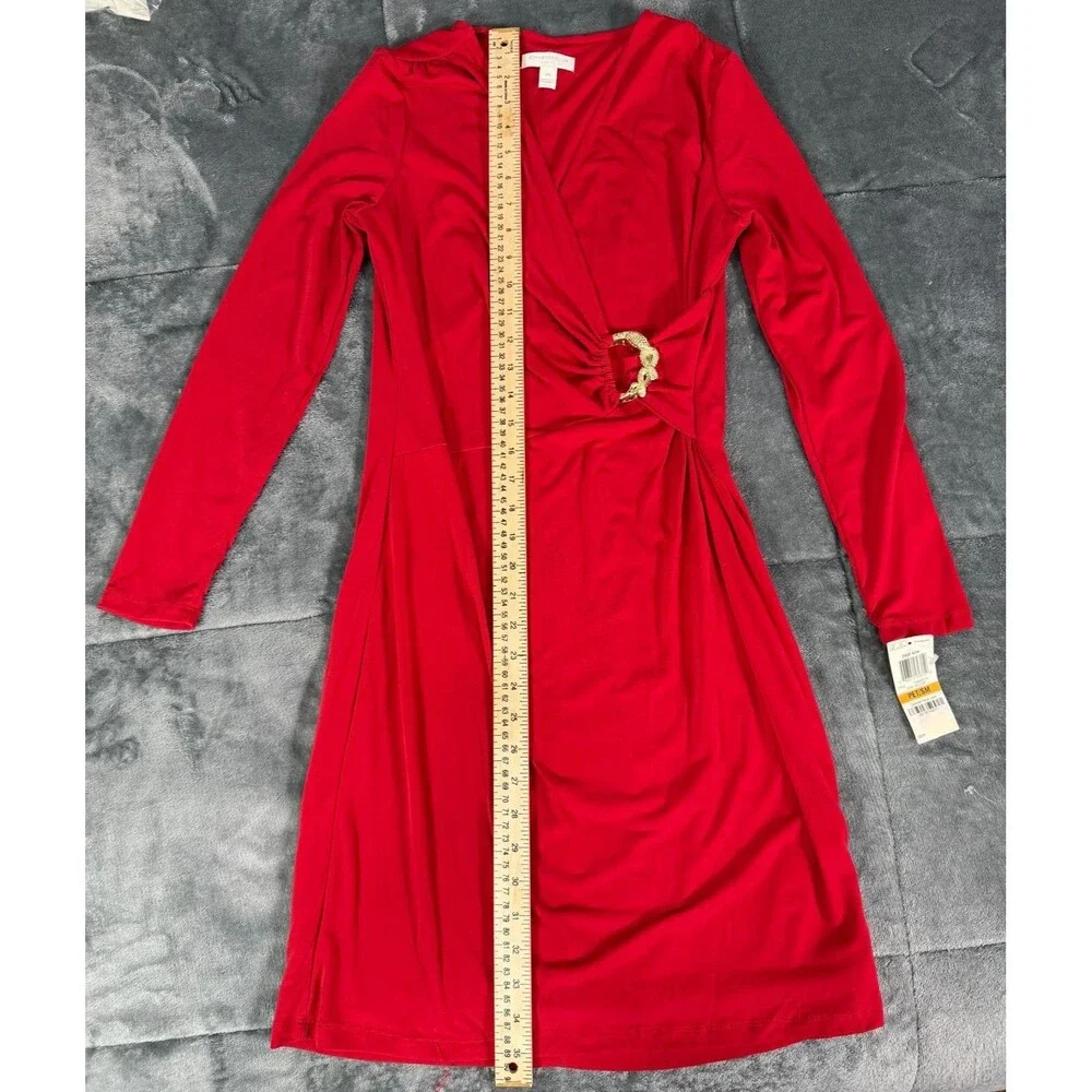 Charter Club Petite Red Faux Wrap Dress Gold Buckle NWT PS Small Long Sleeve. - Picture 3 of 6